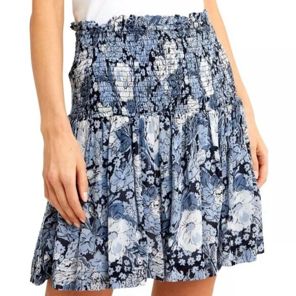 GANNI Blue Floral Georgette Smocked Pull on Lined Mini Skirt Size 34 SMALL‎ - Picture 3 of 13